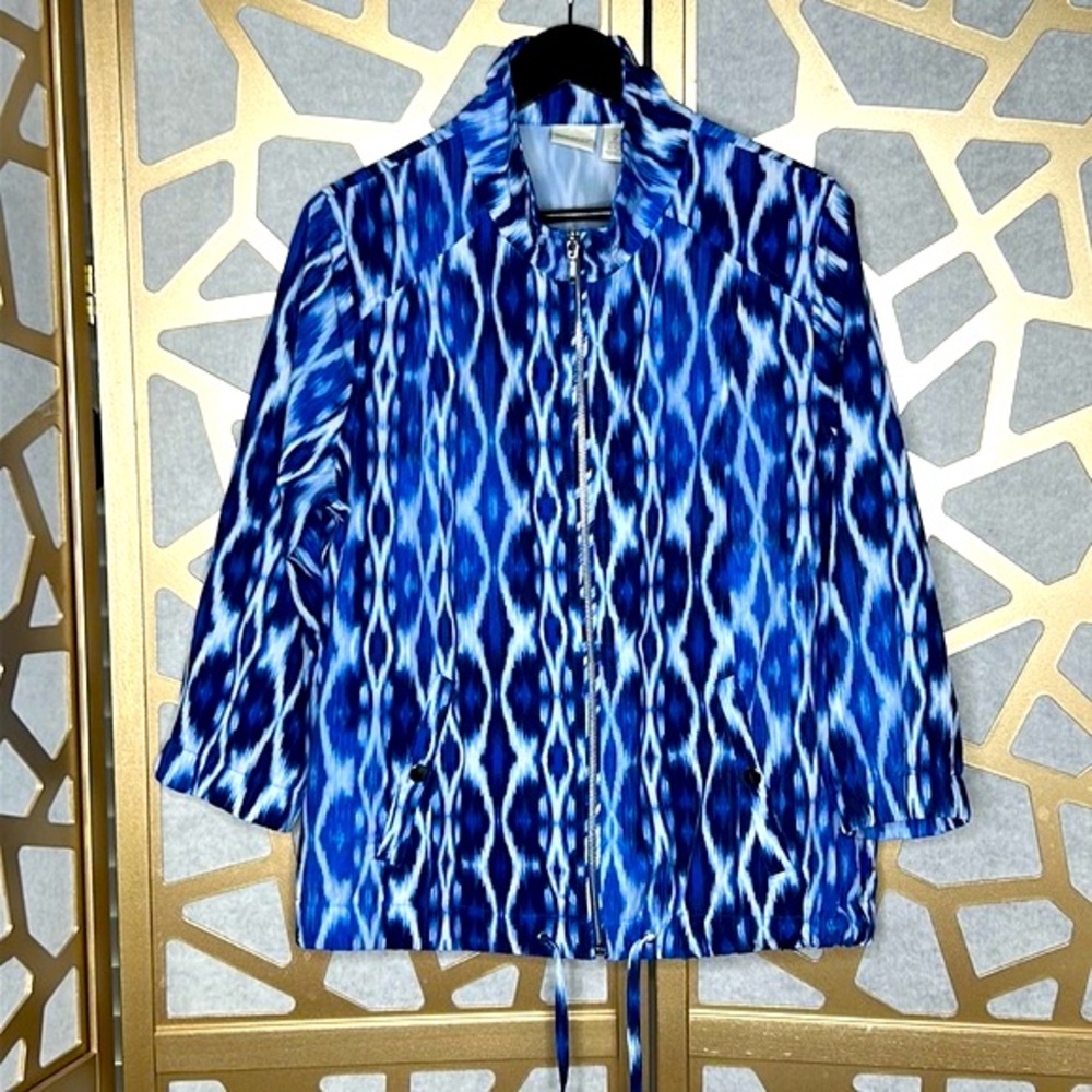 CHICOS ZENERGY Blue Print‎ Jacket Zip Front 3/4 Sleeve Pockets